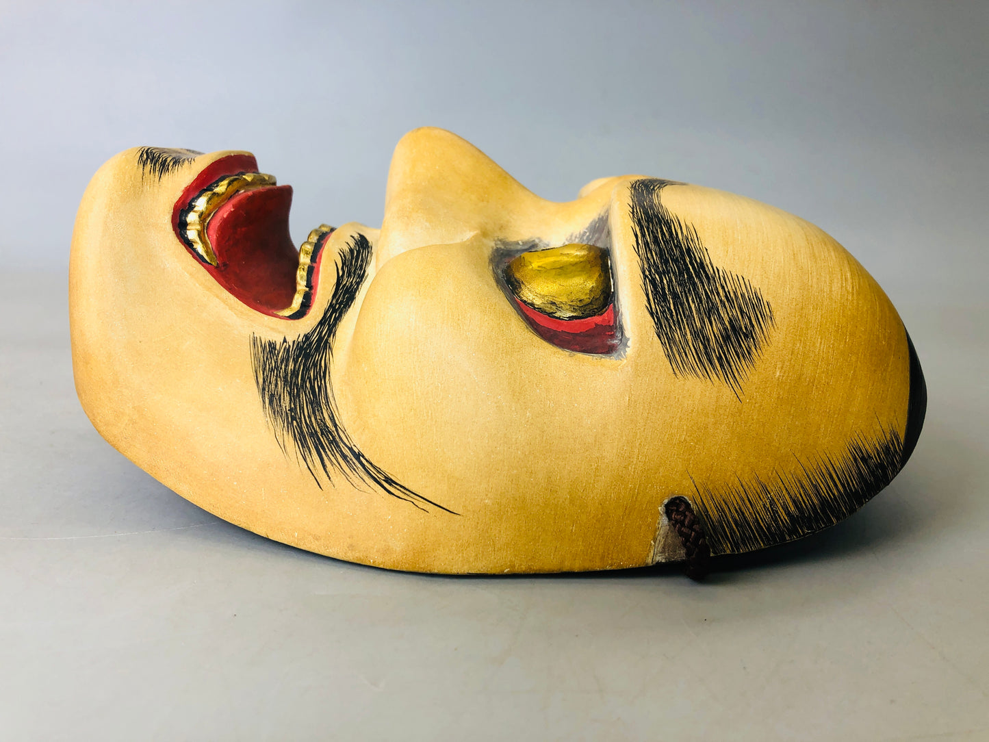 Y5976 NOH MASK wood carving signed black mustache Japan antique omen dance drama