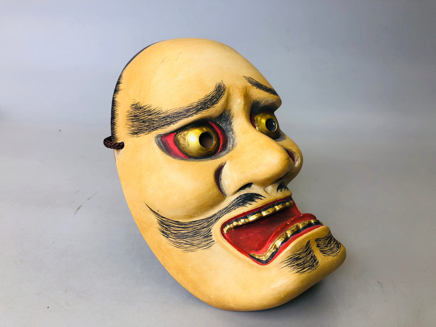 Y5976 NOH MASK wood carving signed black mustache Japan antique omen dance drama