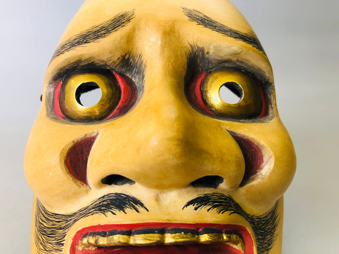 Y5976 NOH MASK wood carving signed black mustache Japan antique omen dance drama