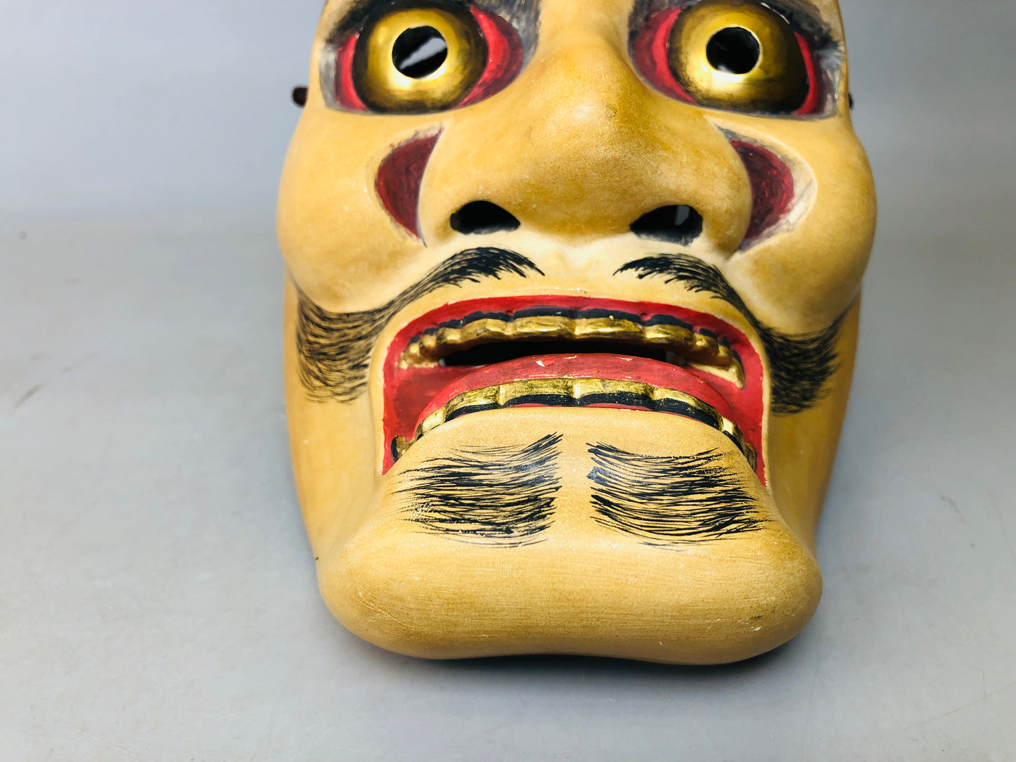 Y5976 NOH MASK wood carving signed black mustache Japan antique omen dance drama