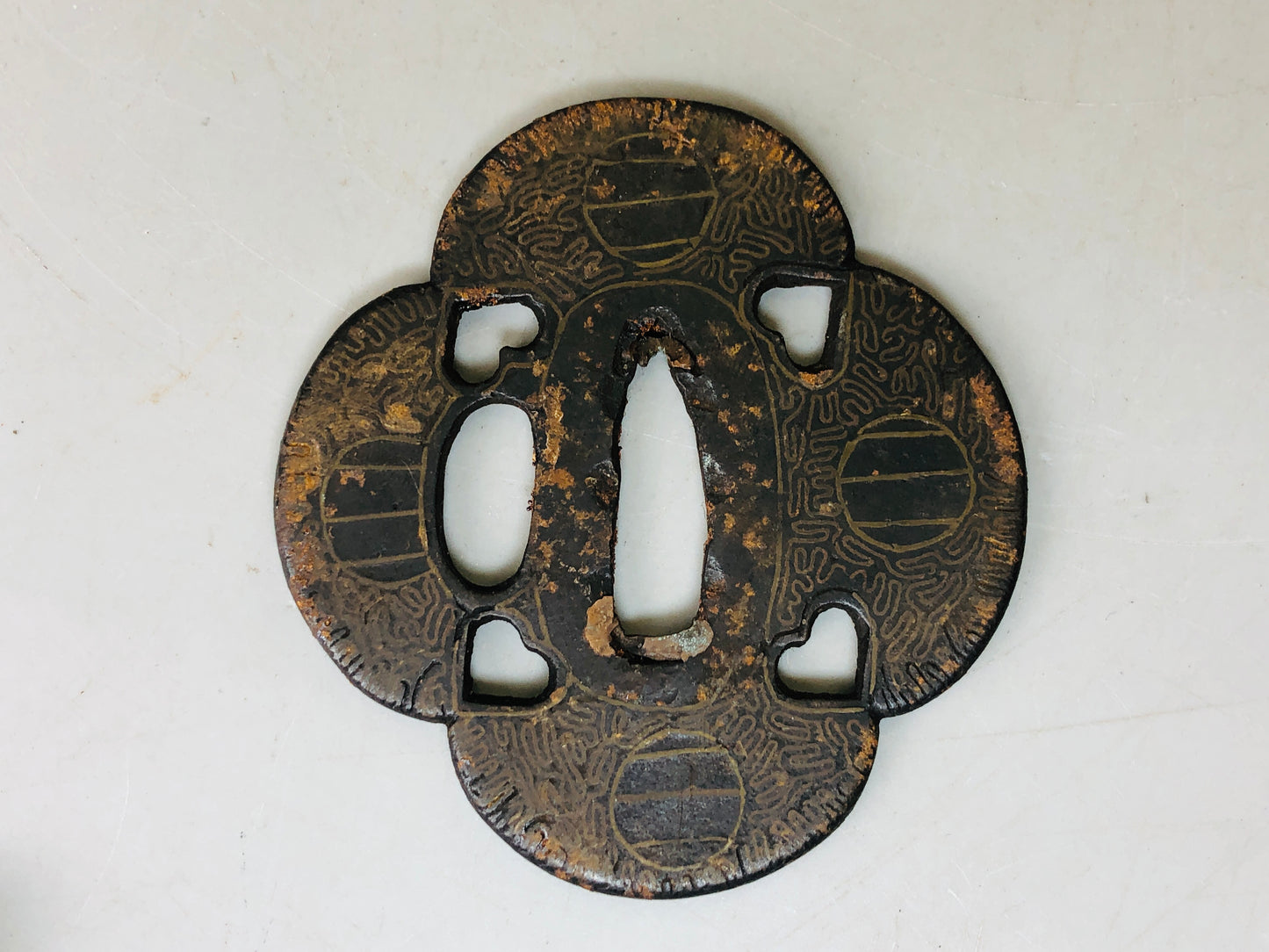 Y5990 TSUBA Iron Sword Guard Inlay Japan samurai katana koshirae edo antique