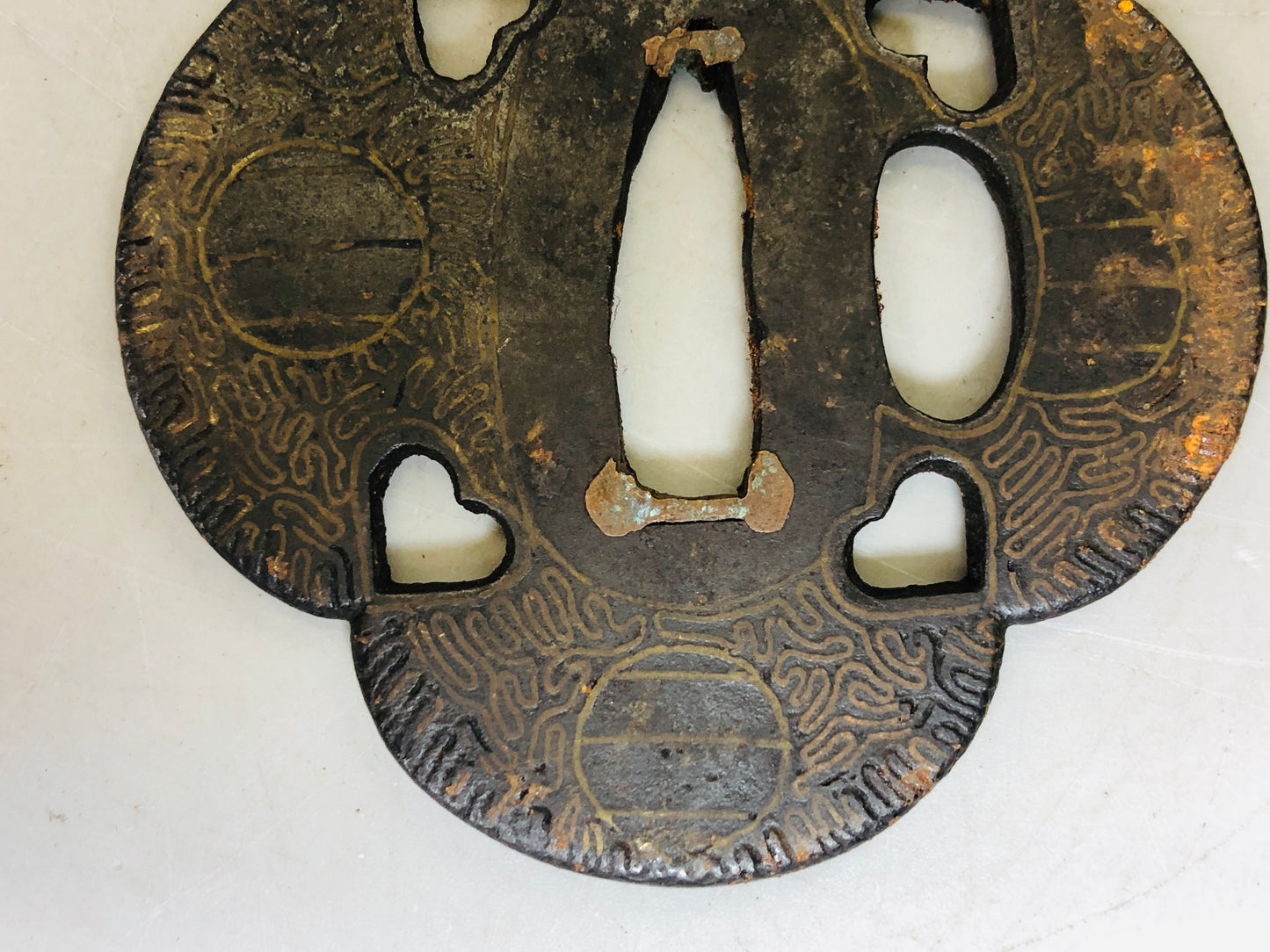 Y5990 TSUBA Iron Sword Guard Inlay Japan samurai katana koshirae edo antique