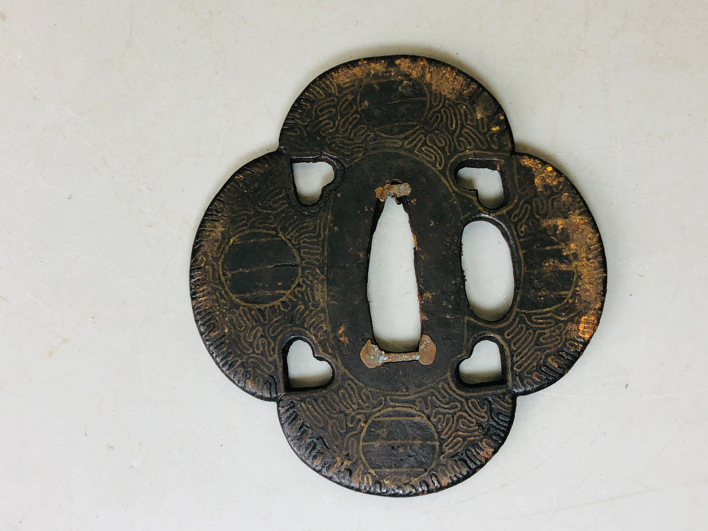 Y5990 TSUBA Iron Sword Guard Inlay Japan samurai katana koshirae edo antique
