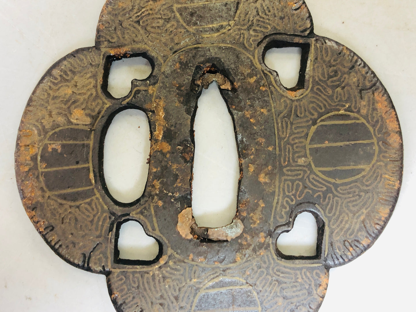 Y5990 TSUBA Iron Sword Guard Inlay Japan samurai katana koshirae edo antique