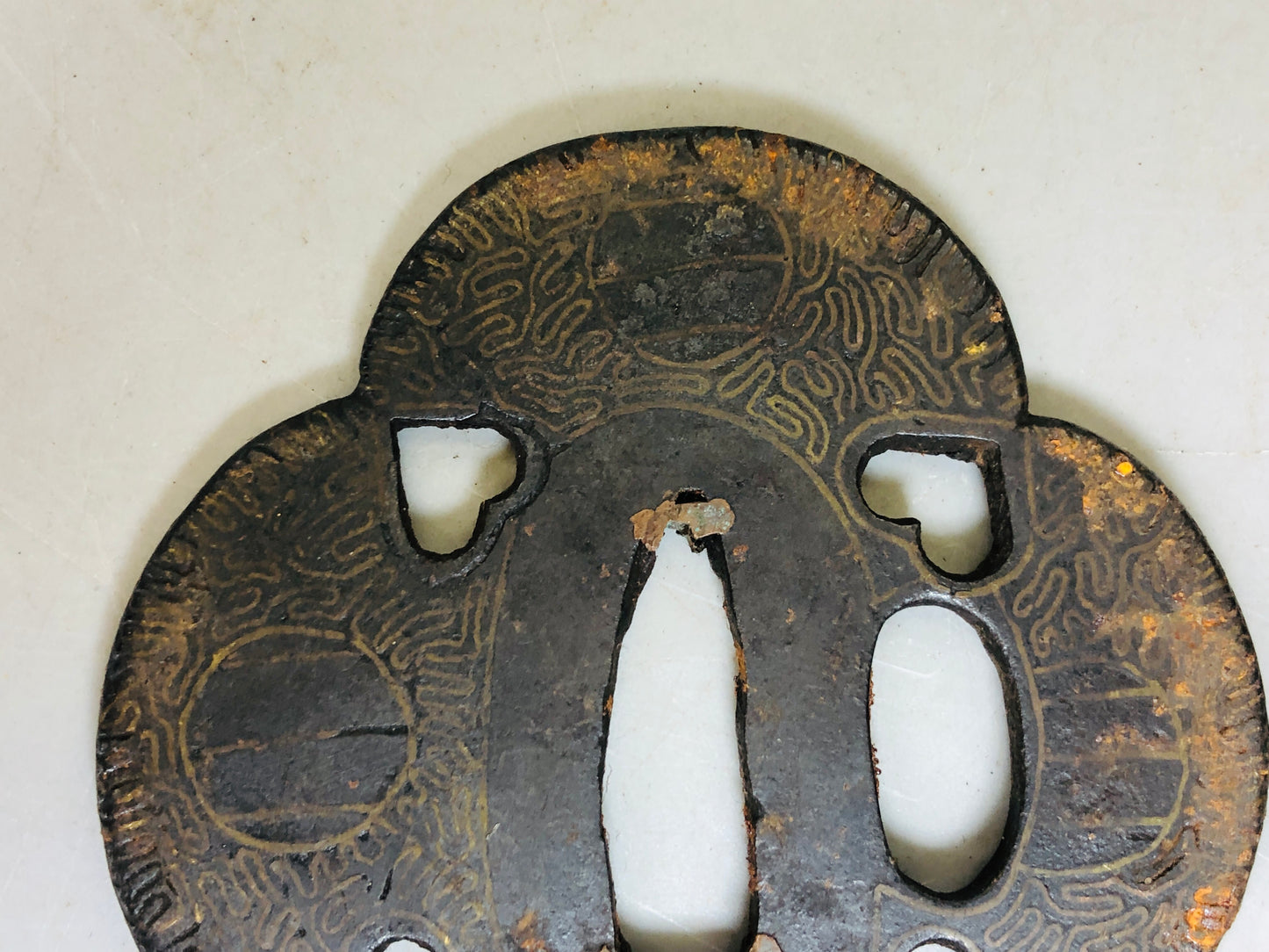 Y5990 TSUBA Iron Sword Guard Inlay Japan samurai katana koshirae edo antique