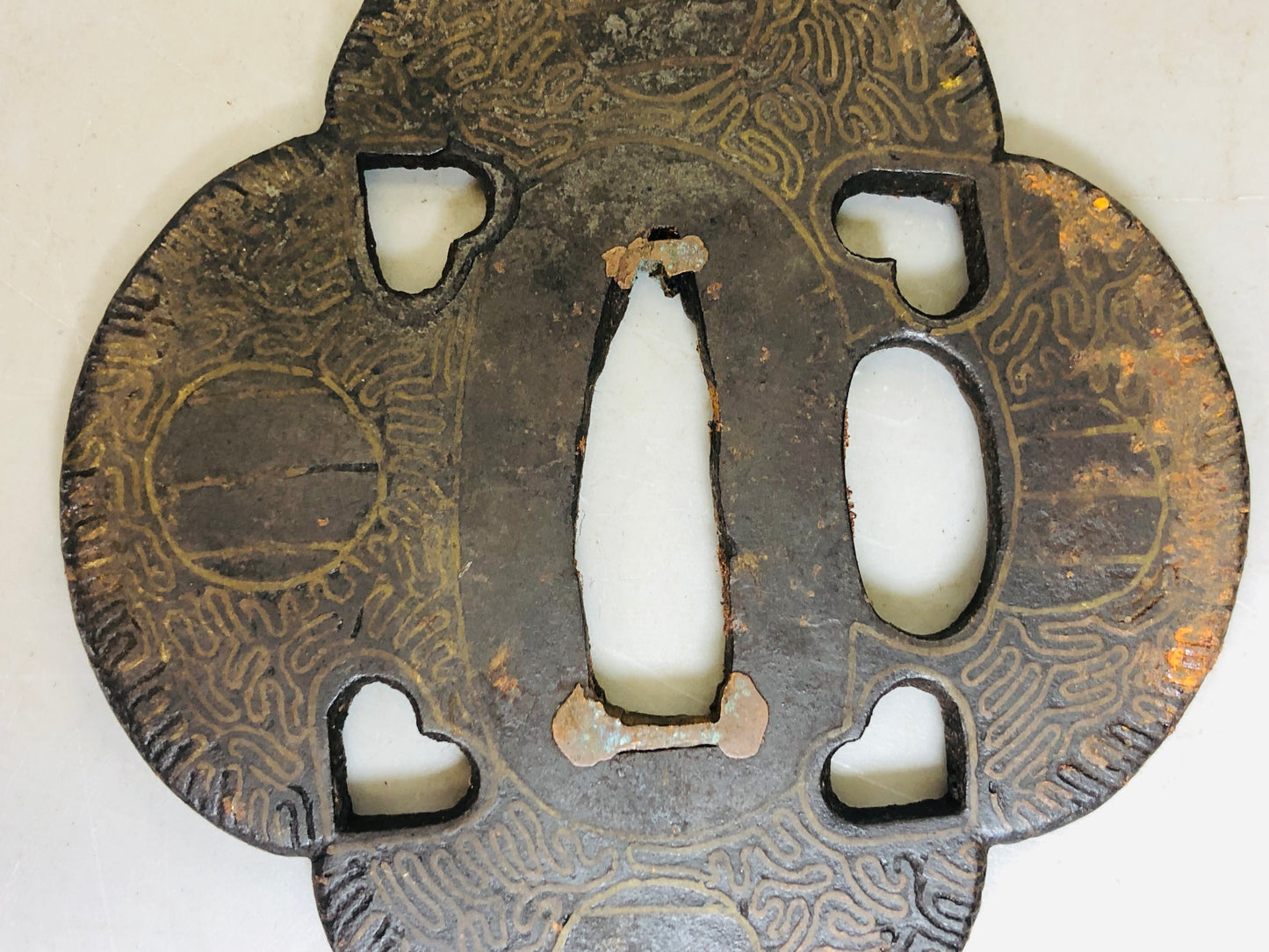 Y5990 TSUBA Iron Sword Guard Inlay Japan samurai katana koshirae edo antique