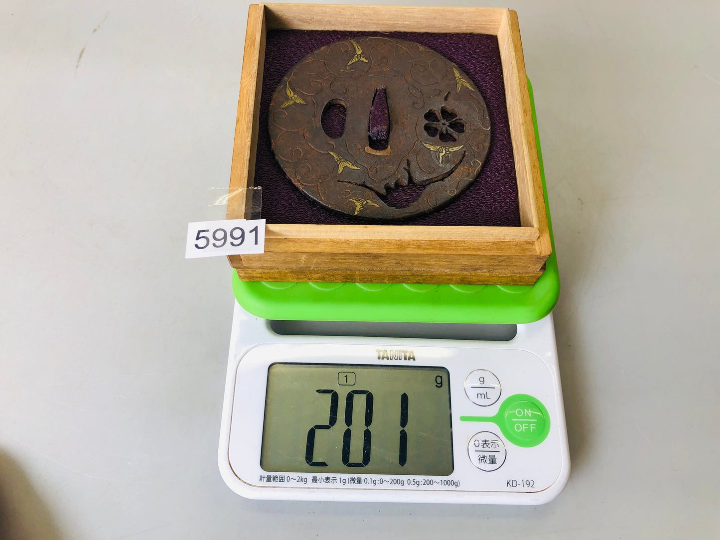 Y5991 TSUBA Large Sword Guard Inlay box Japan samurai katana koshirae edo