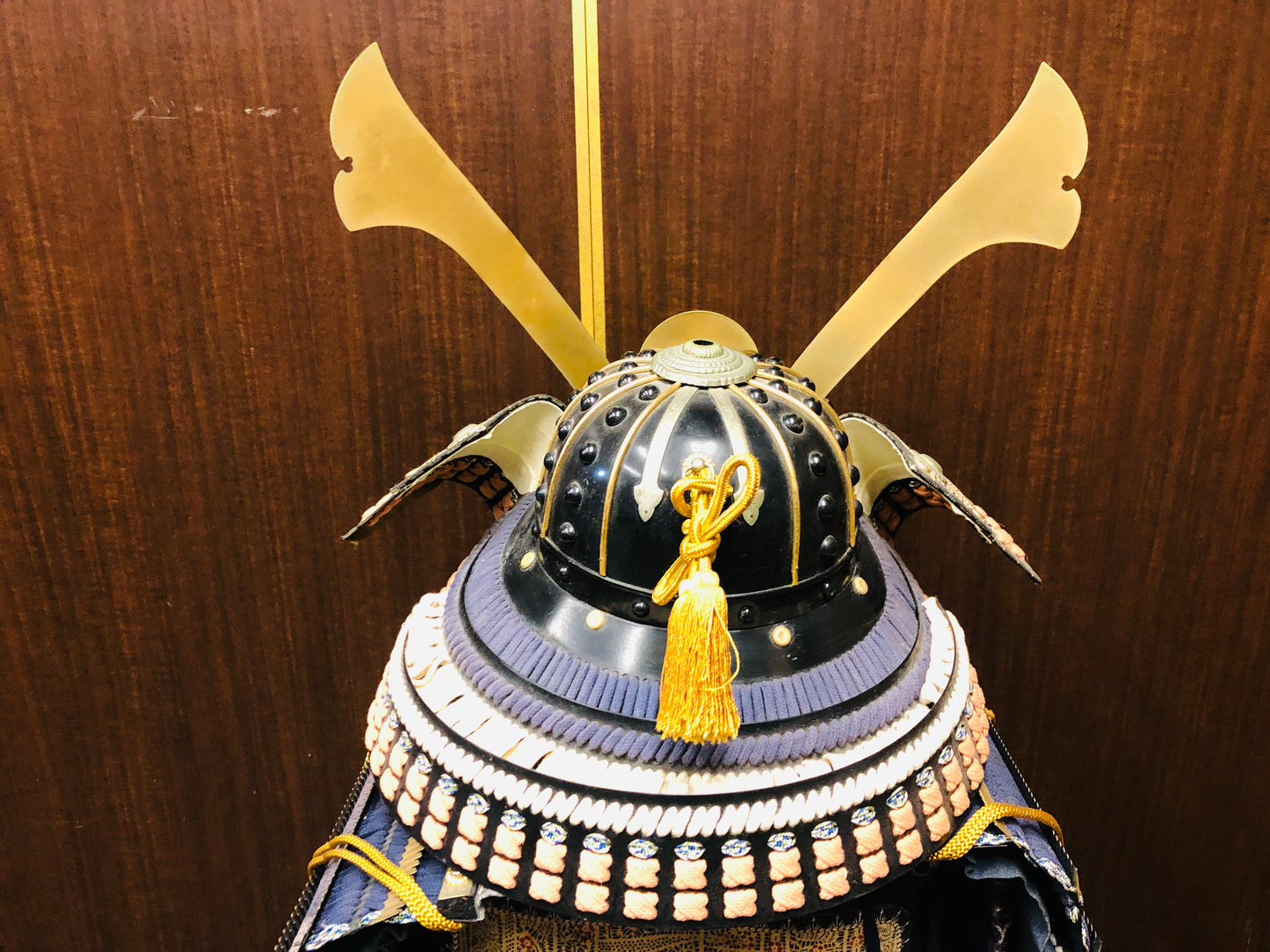 Y7036 YOROI Samurai armor helmet set navy blue white brown thread Japan antique