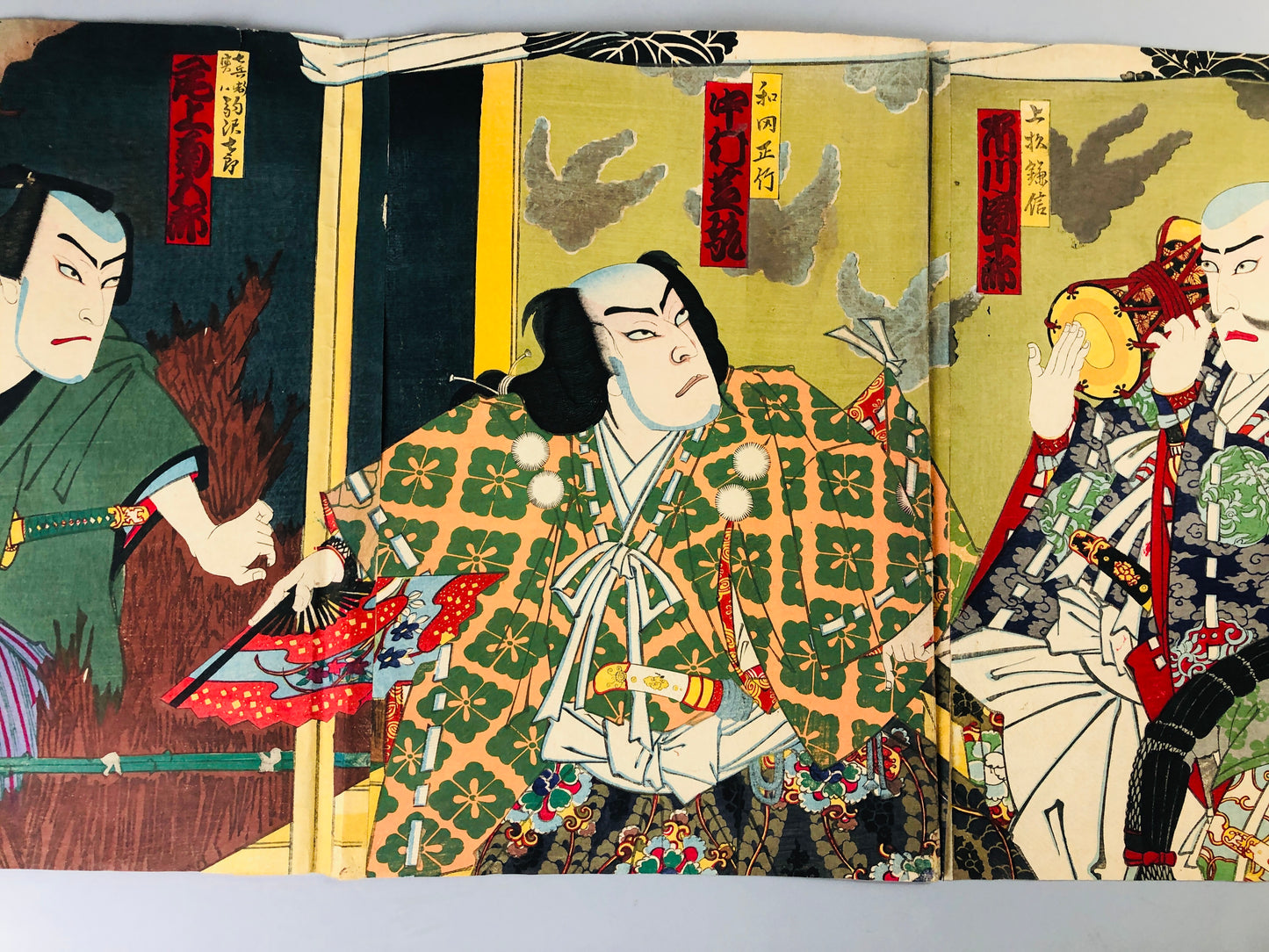 Y7061 WOODBLOCK PRINT Kunichika triptych Kabuki Japan Ukiyoe antique art vintage