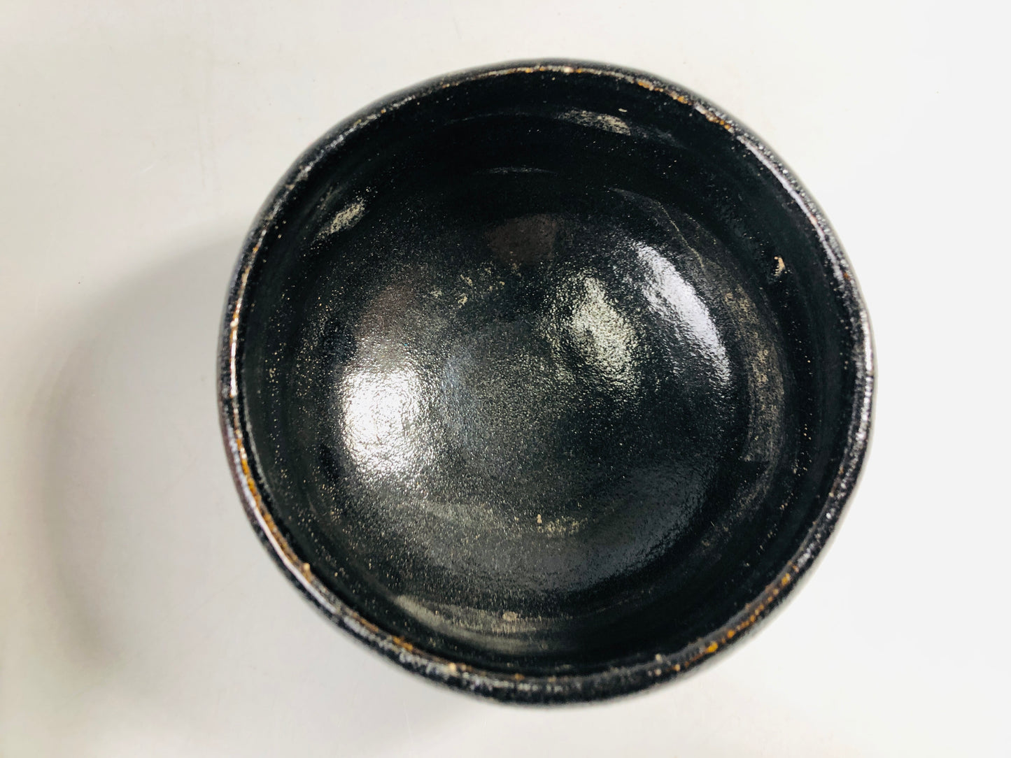 Y7094 CHAWAN Raku-ware black bowl signed Japan antique tea ceremony pottery cup