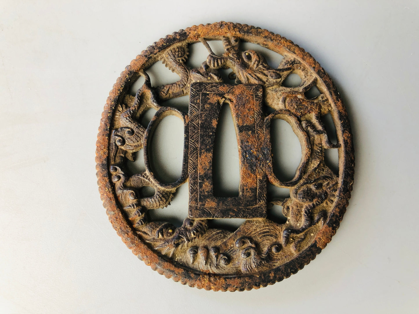 Y7107 TSUBA Iron sword guard Dragon Japan samurai katana antique koshirae edo