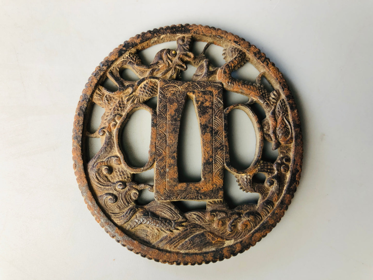 Y7107 TSUBA Iron sword guard Dragon Japan samurai katana antique koshirae edo