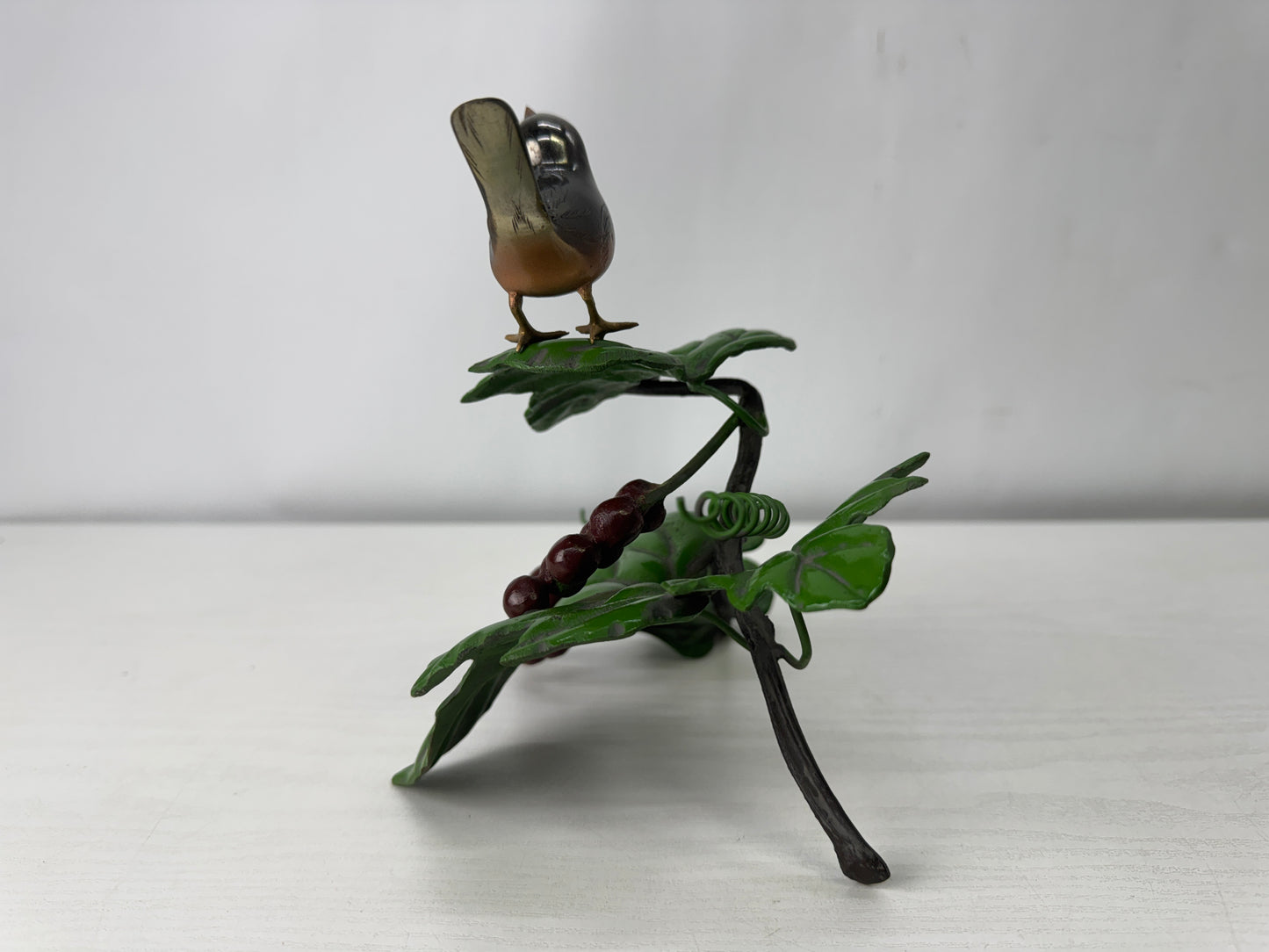 Y10008 OKIMONO metal Bird Grapevine figurine signed box Japan antique interior