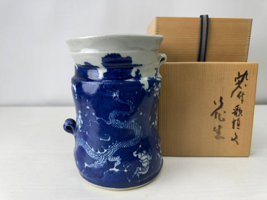 Y10019 FLOWER VASE Seto-ware signed box Japan antique ikebana floral interior