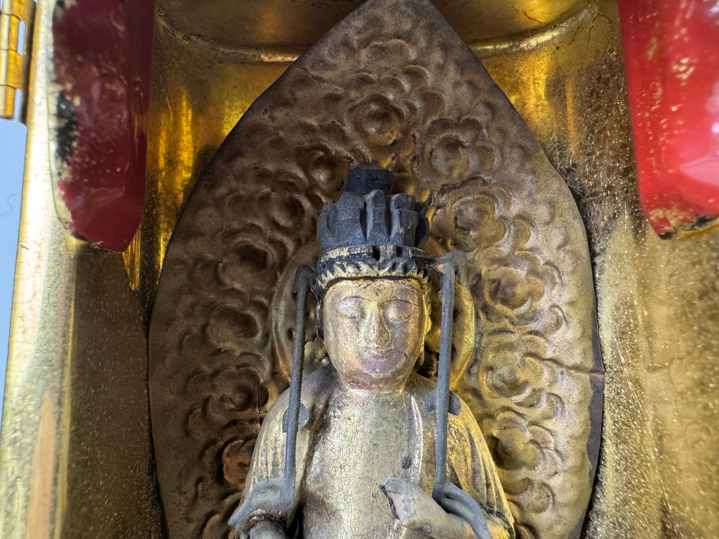 Y10022 STATUE wood carving Buddhist figure shrine cracked Japan antique Buddhism