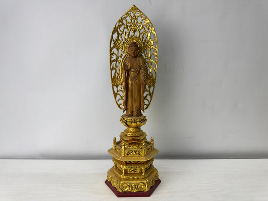 Y10025 STATUE wood carving Amida Nyorai Buddha figurine Japan antique Buddhism