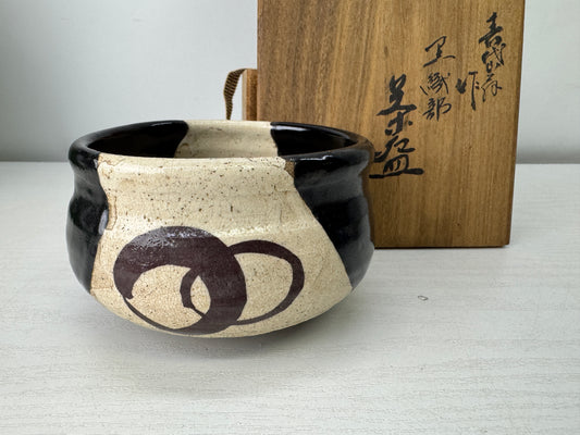 Y10032 CHAWAN Kuro-Oribe bowl signed box Japan antique tea ceremony pottery cup