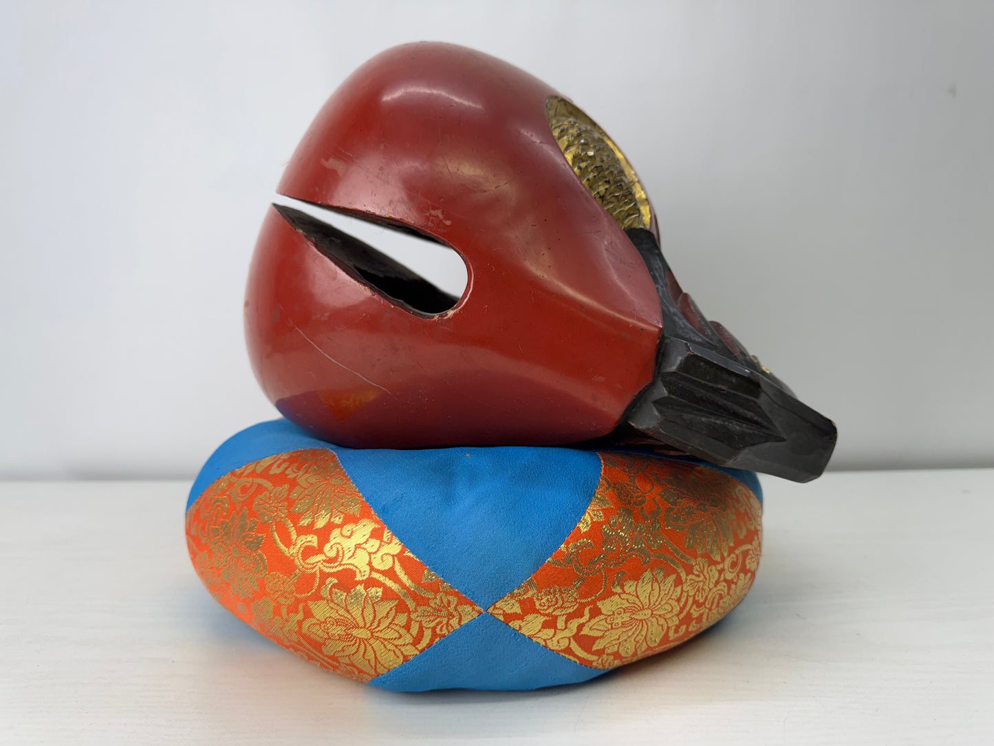 Y10048 MOKUGYO vermilion-lacquered Buddhist Monk Instrument signed Japan antique