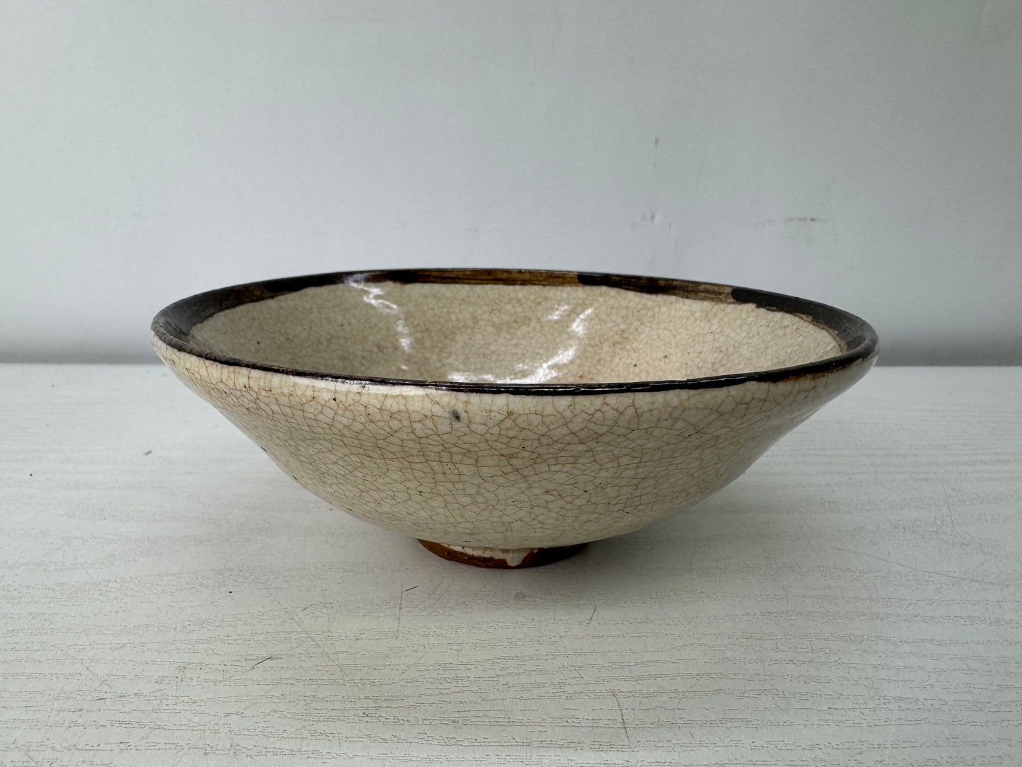 Y10053 CHAWAN Seto Karatsu flat bowl Japan antique tea ceremony pottery cup