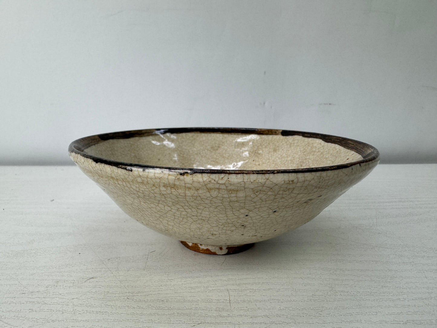 Y10053 CHAWAN Seto Karatsu flat bowl Japan antique tea ceremony pottery cup