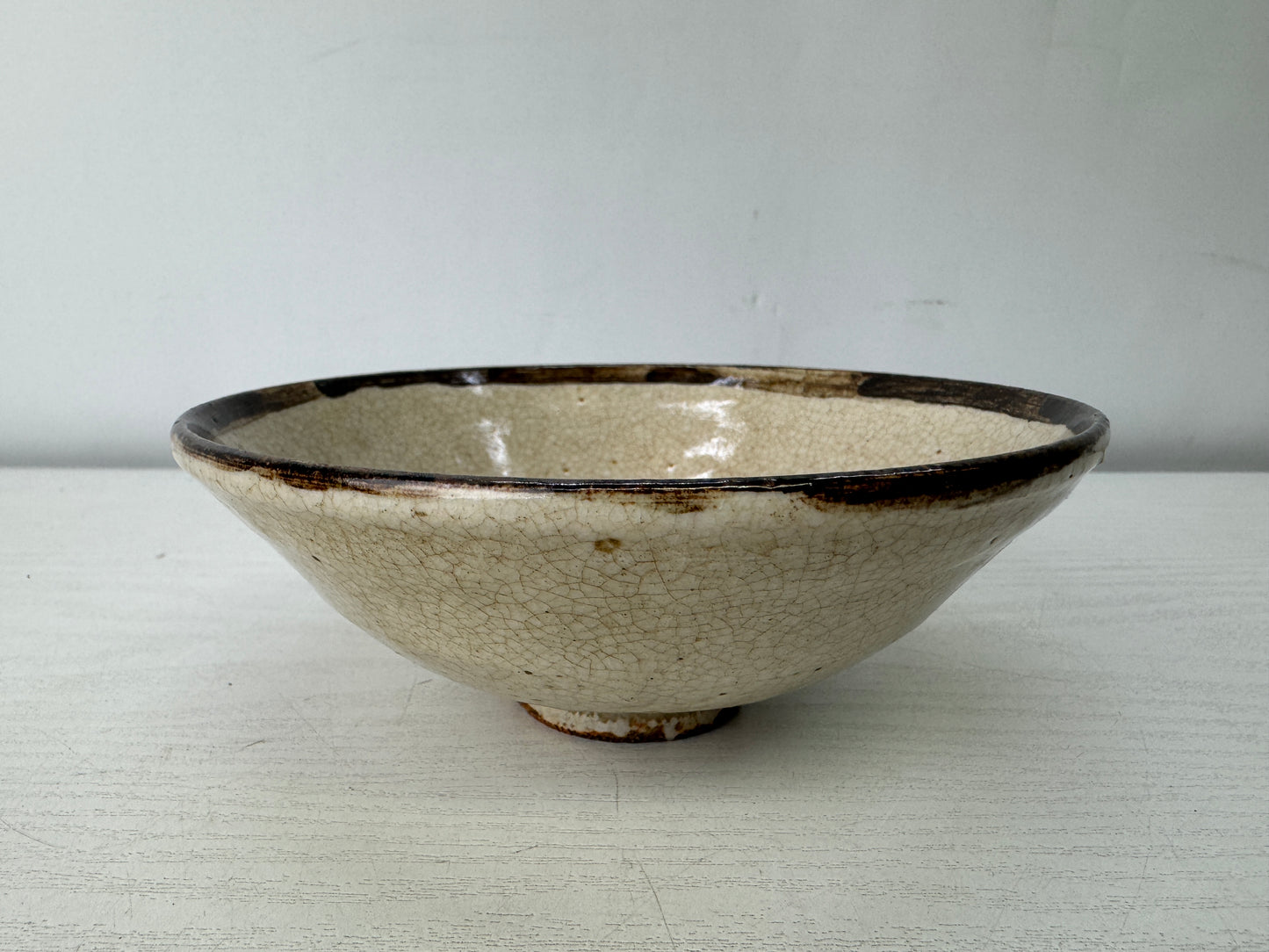 Y10053 CHAWAN Seto Karatsu flat bowl Japan antique tea ceremony pottery cup