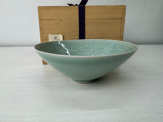 Y10062 CHAWAN Goryeo Celadon flat bowl signed box Japan antique tea ceremony cup