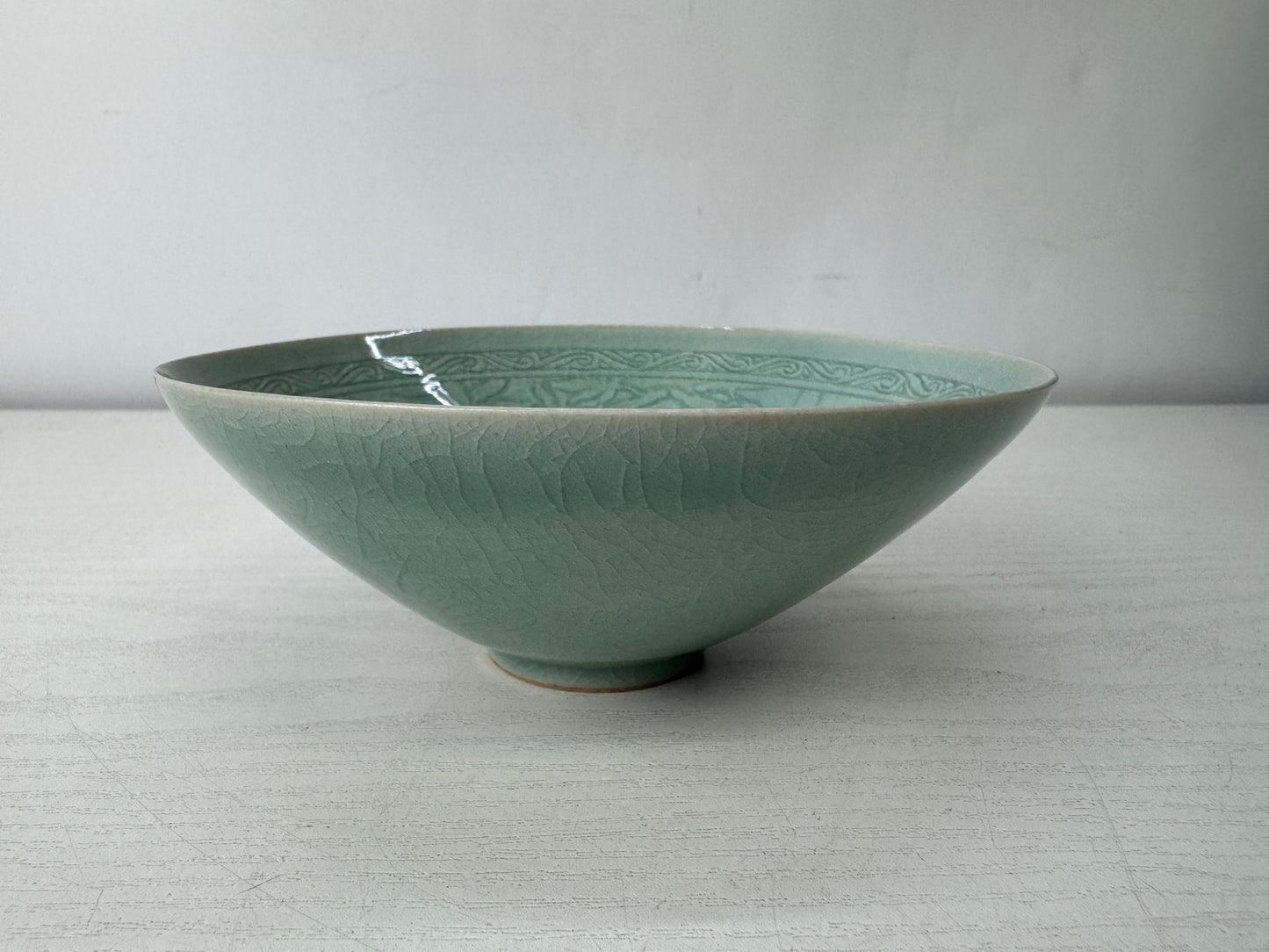 Y10062 CHAWAN Goryeo Celadon flat bowl signed box Japan antique tea ceremony cup