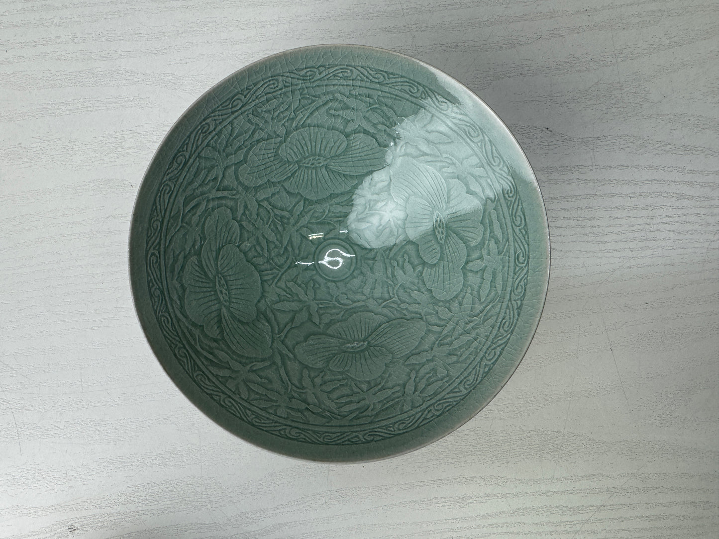 Y10062 CHAWAN Goryeo Celadon flat bowl signed box Japan antique tea ceremony cup