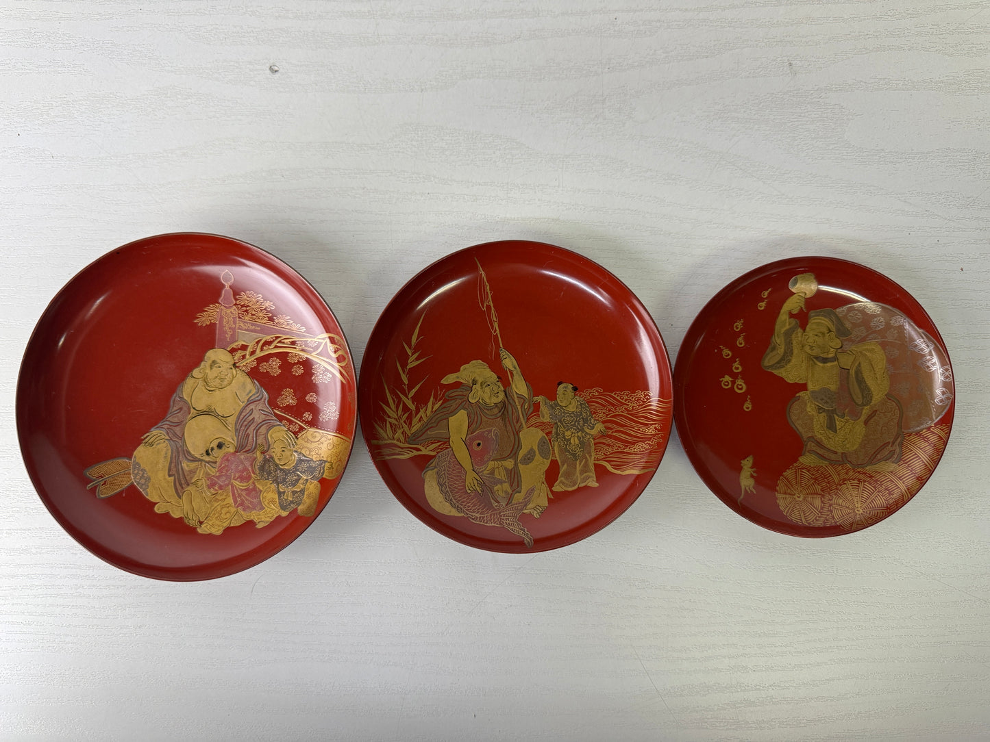 Y10088 CHAWAN Seven Lucky Gods Makie three-tiered Sake cup Japan antique alcohol