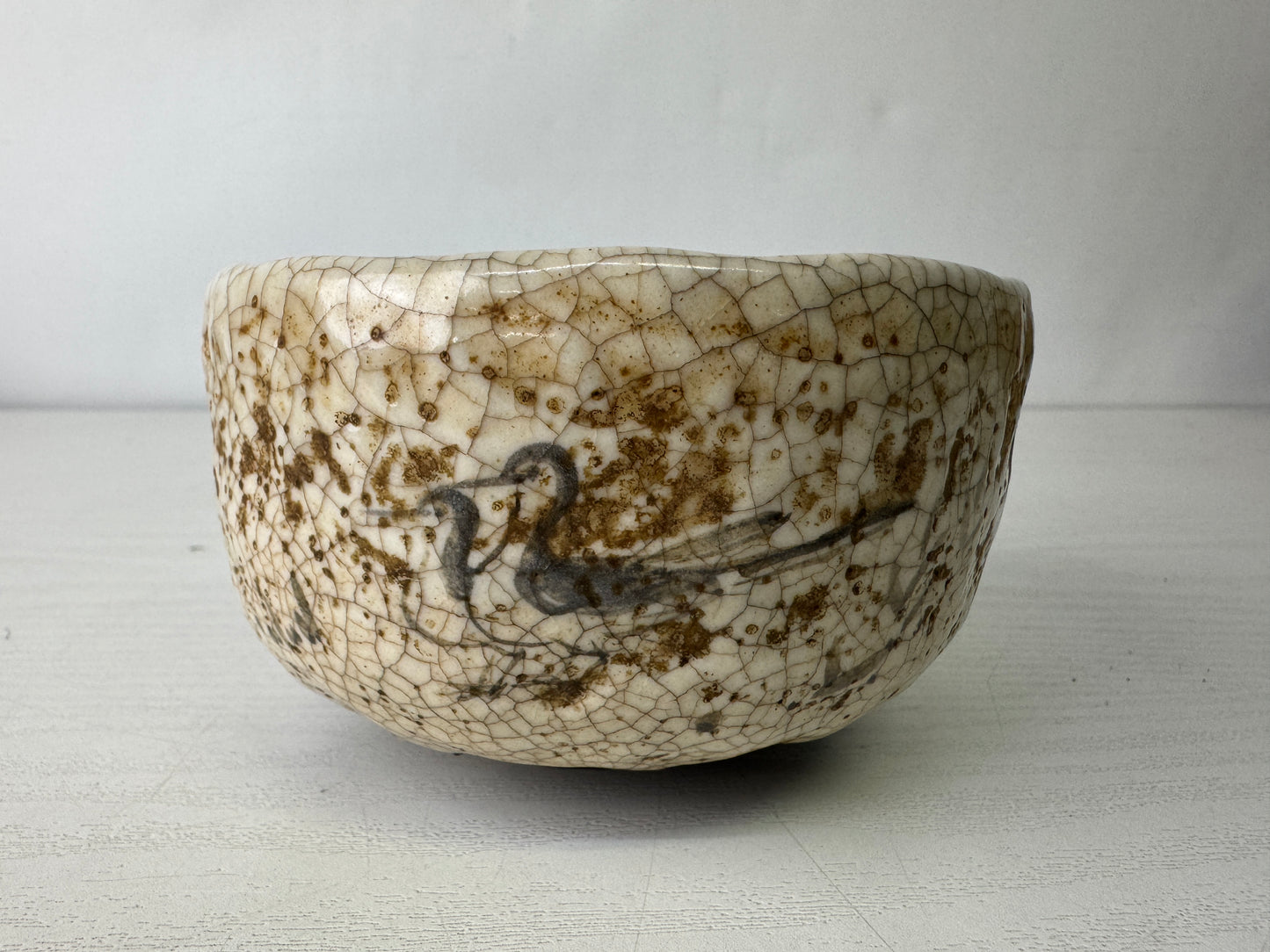 Y10091 CHAWAN Mino-ware bowl Crane signed box Japan antique tea ceremony pottery