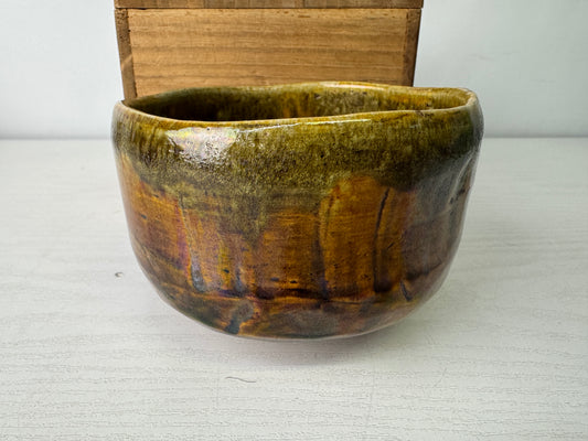 Y10093 CHAWAN Raku-ware bowl signed box Japan antique tea ceremony pottery cup