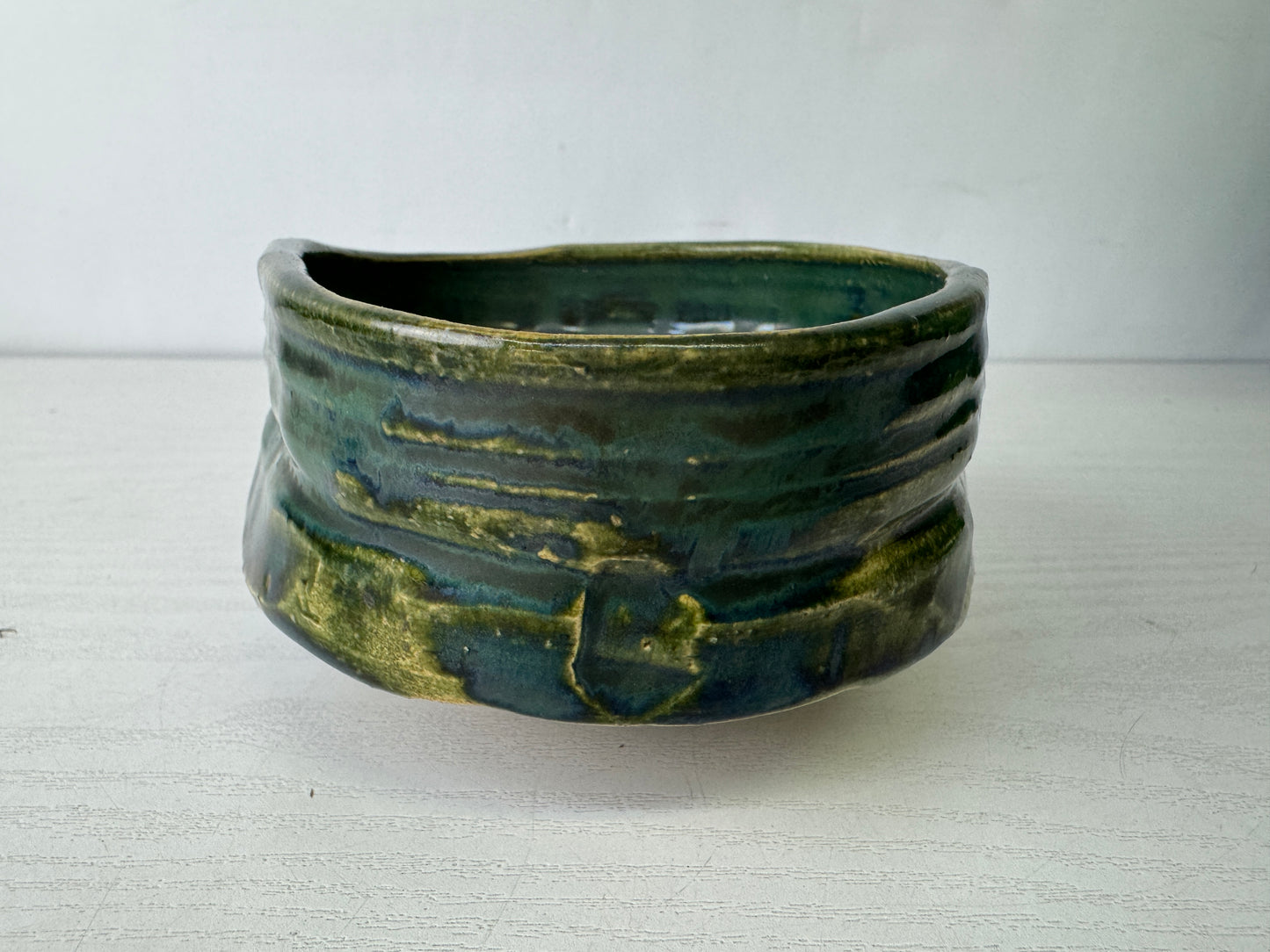 Y10094 CHAWAN Oribe-ware bowl signed box Japan antique tea ceremony pottery cup