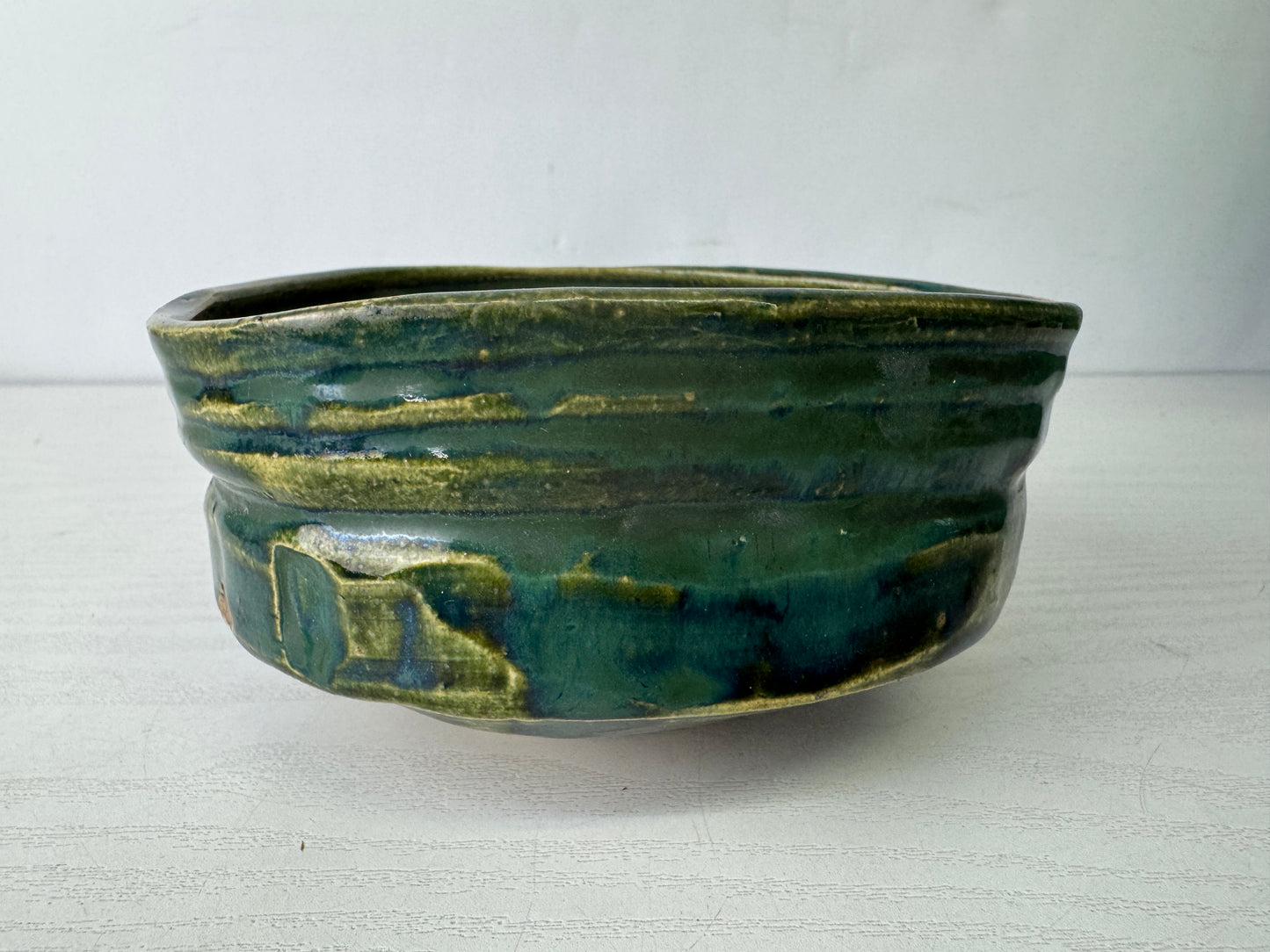 Y10094 CHAWAN Oribe-ware bowl signed box Japan antique tea ceremony pottery cup