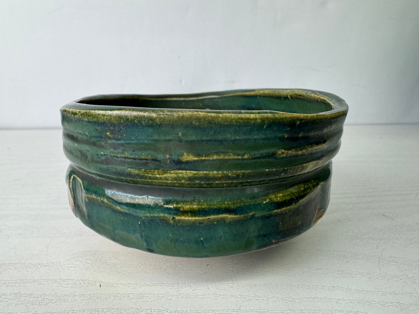 Y10094 CHAWAN Oribe-ware bowl signed box Japan antique tea ceremony pottery cup