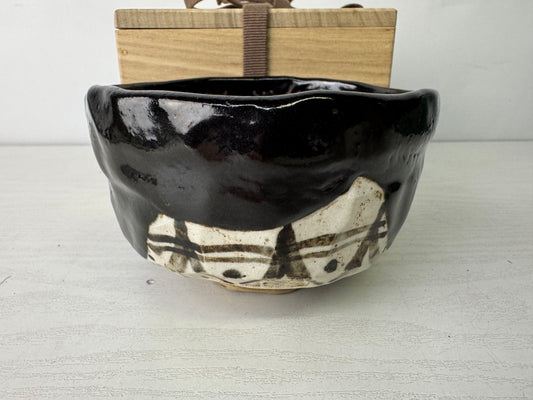 Y10095 CHAWAN Kuro-Oribe bowl signed box Japan antique tea ceremony pottery cup