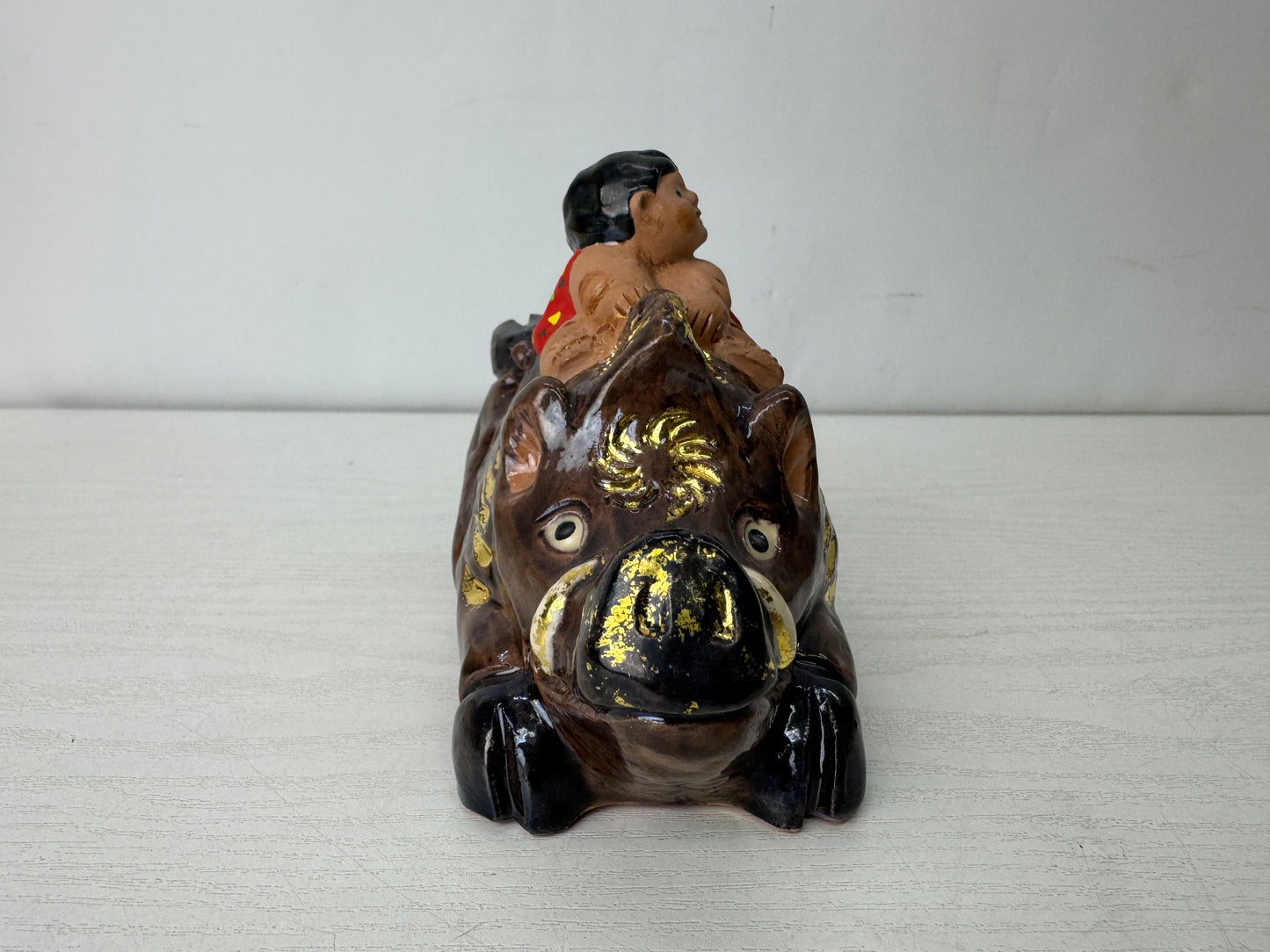 Y10099 OKIMONO Seto-ware Child riding a Boar figurine signed box Japan antique