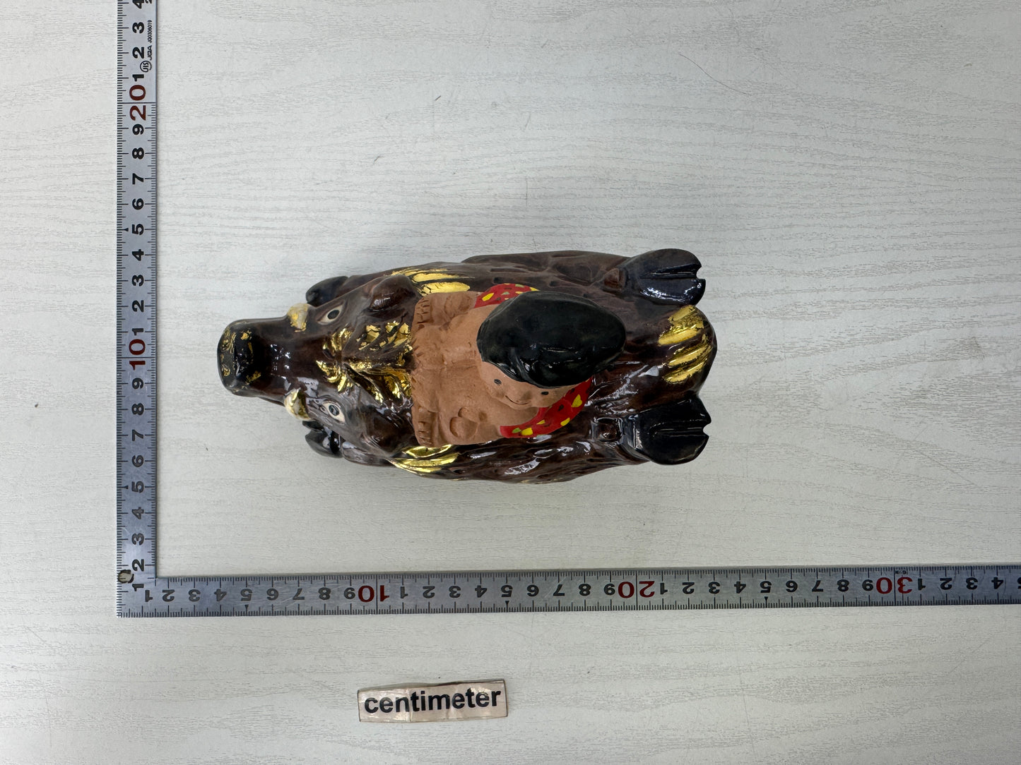 Y10099 OKIMONO Seto-ware Child riding a Boar figurine signed box Japan antique