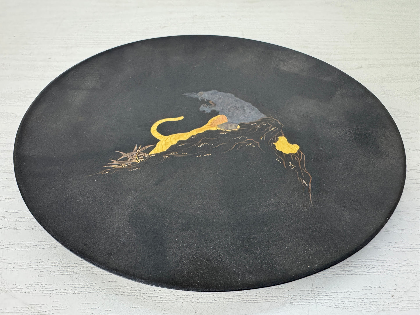 Y10109 DISH Tiger gold silver inlay Decorative plate metal Japan antique decor