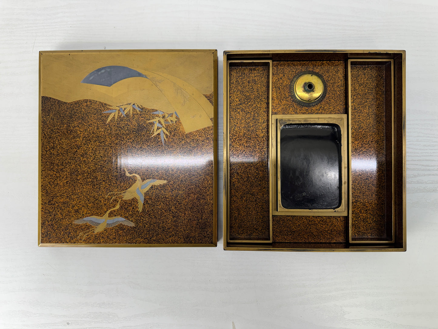 Y10112 BOX Makie inkstone suzuri case Crane Japan antique stationery storage