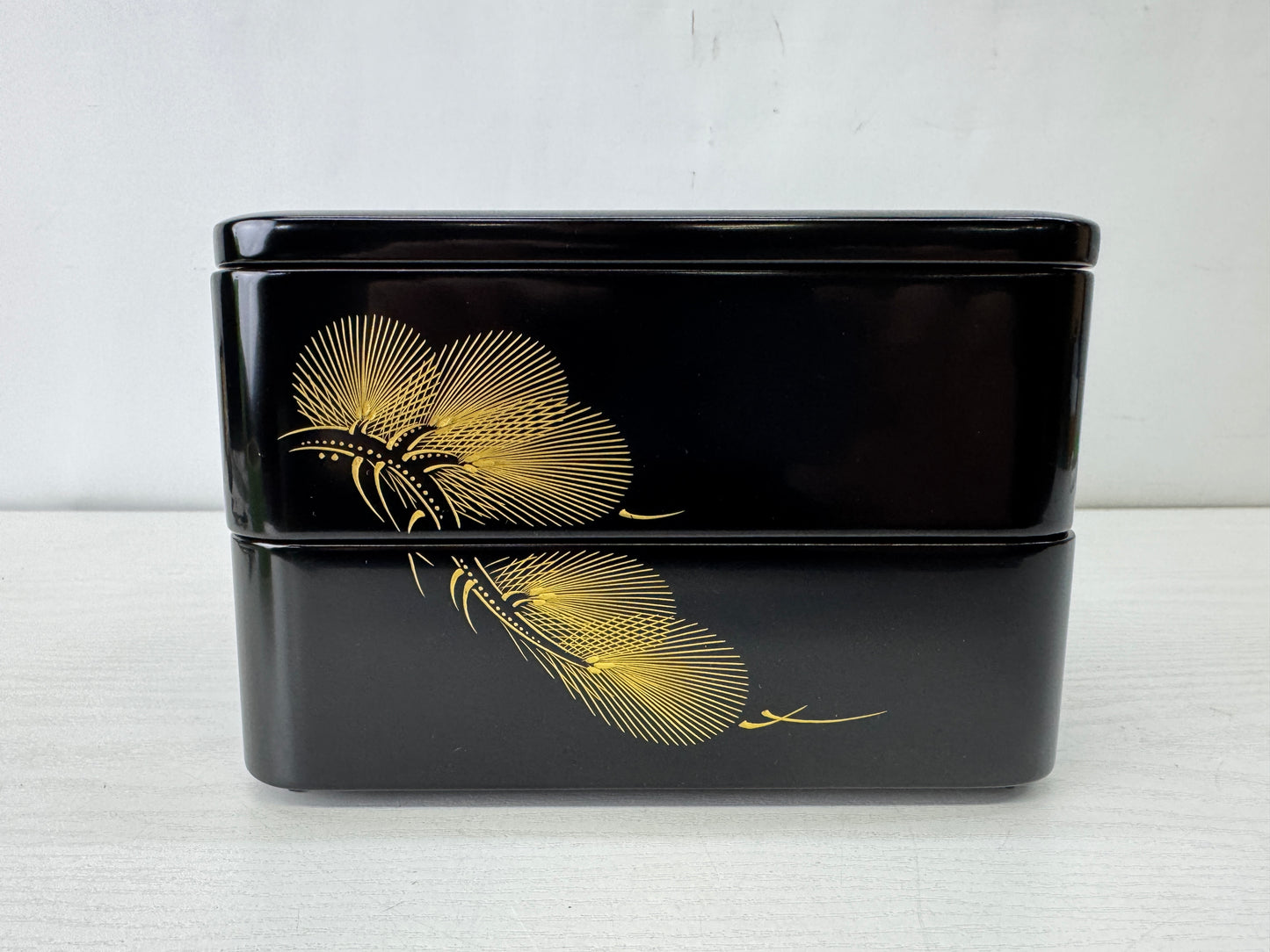 Y10114 BOX Chinkin Makie 2-tiered lunchbox pine signed Japan antique container