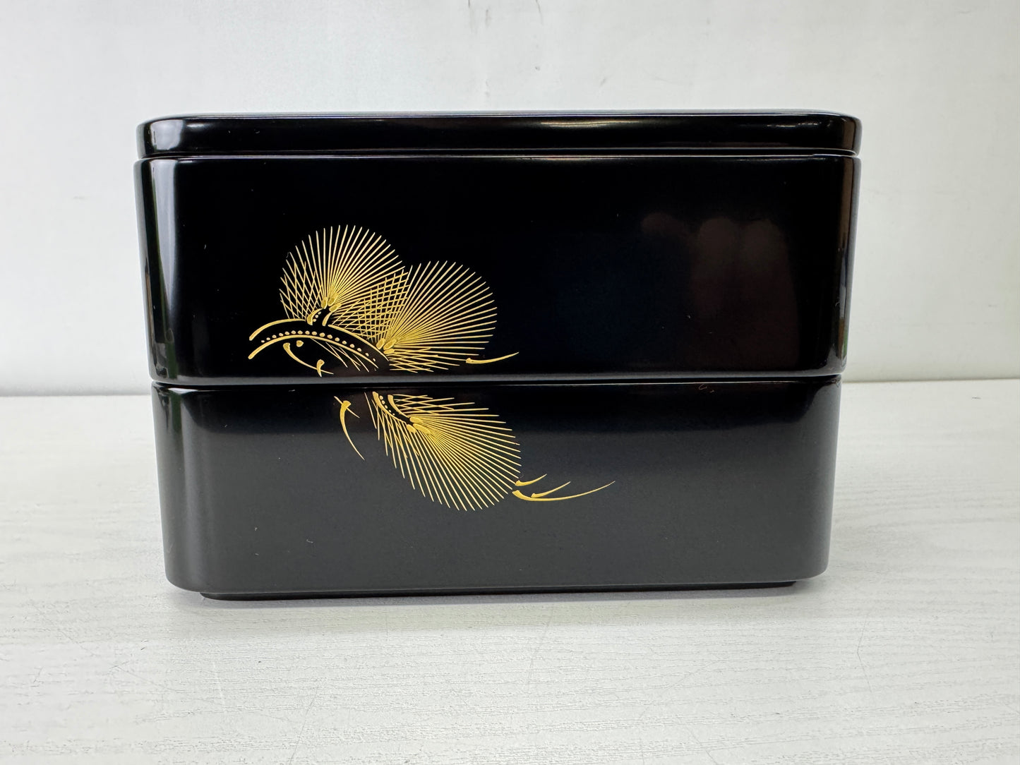 Y10114 BOX Chinkin Makie 2-tiered lunchbox pine signed Japan antique container