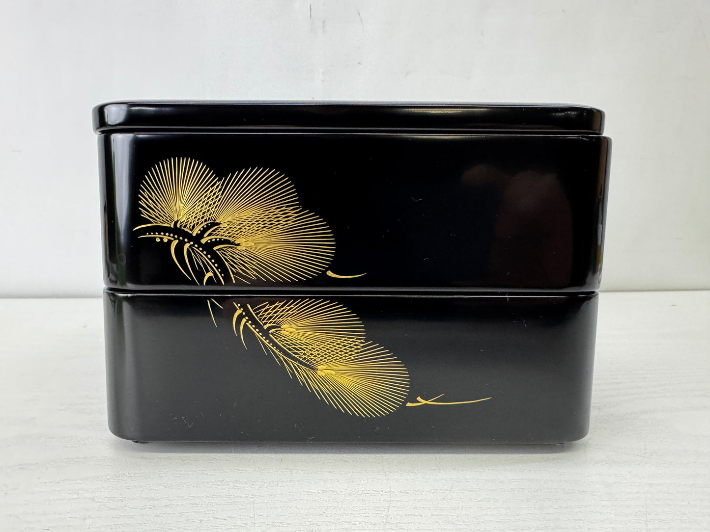 Y10114 BOX Chinkin Makie 2-tiered lunchbox pine signed Japan antique container