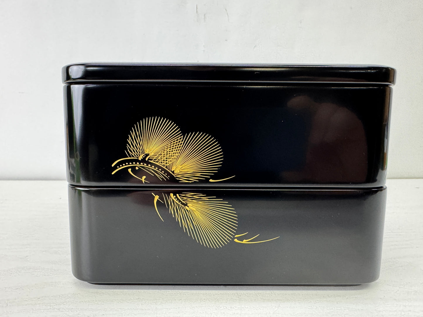 Y10114 BOX Chinkin Makie 2-tiered lunchbox pine signed Japan antique container