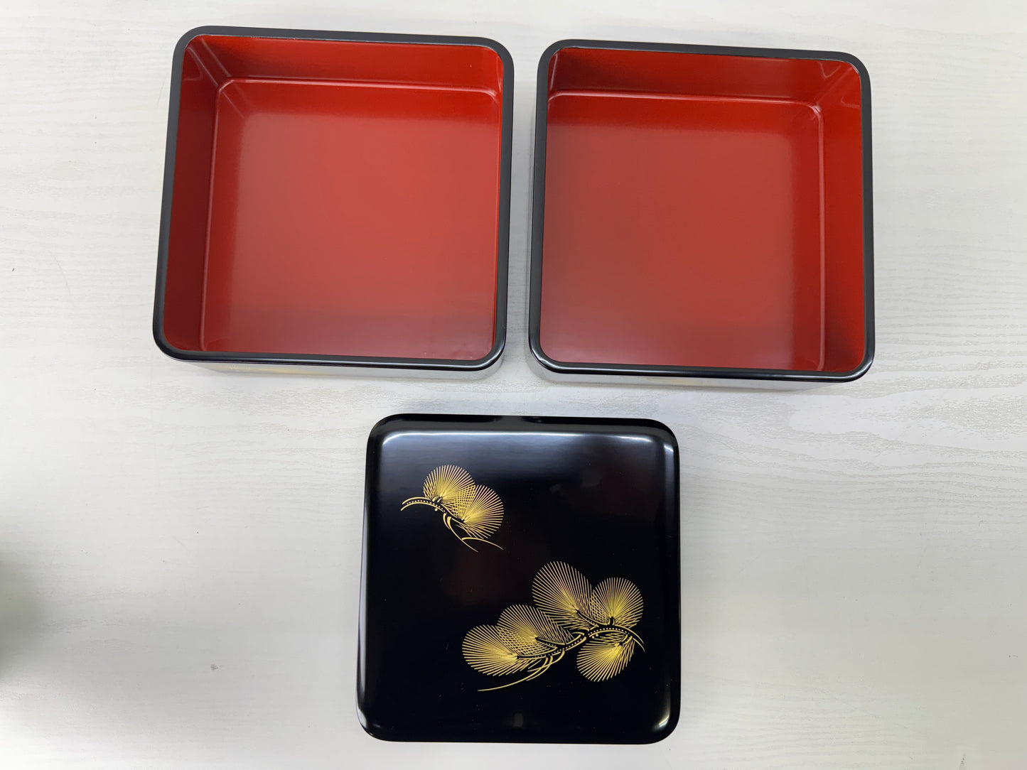 Y10114 BOX Chinkin Makie 2-tiered lunchbox pine signed Japan antique container