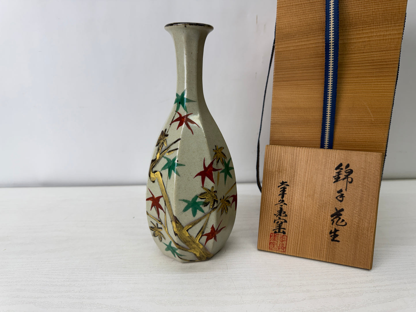 Y10118 FLOWER VASE Mino-ware signed box Japan antique ikebana floral arrangement