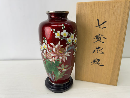 Y10119 FLOWER VASE Cloisonne red signed box Japan antique ikebana floral decor