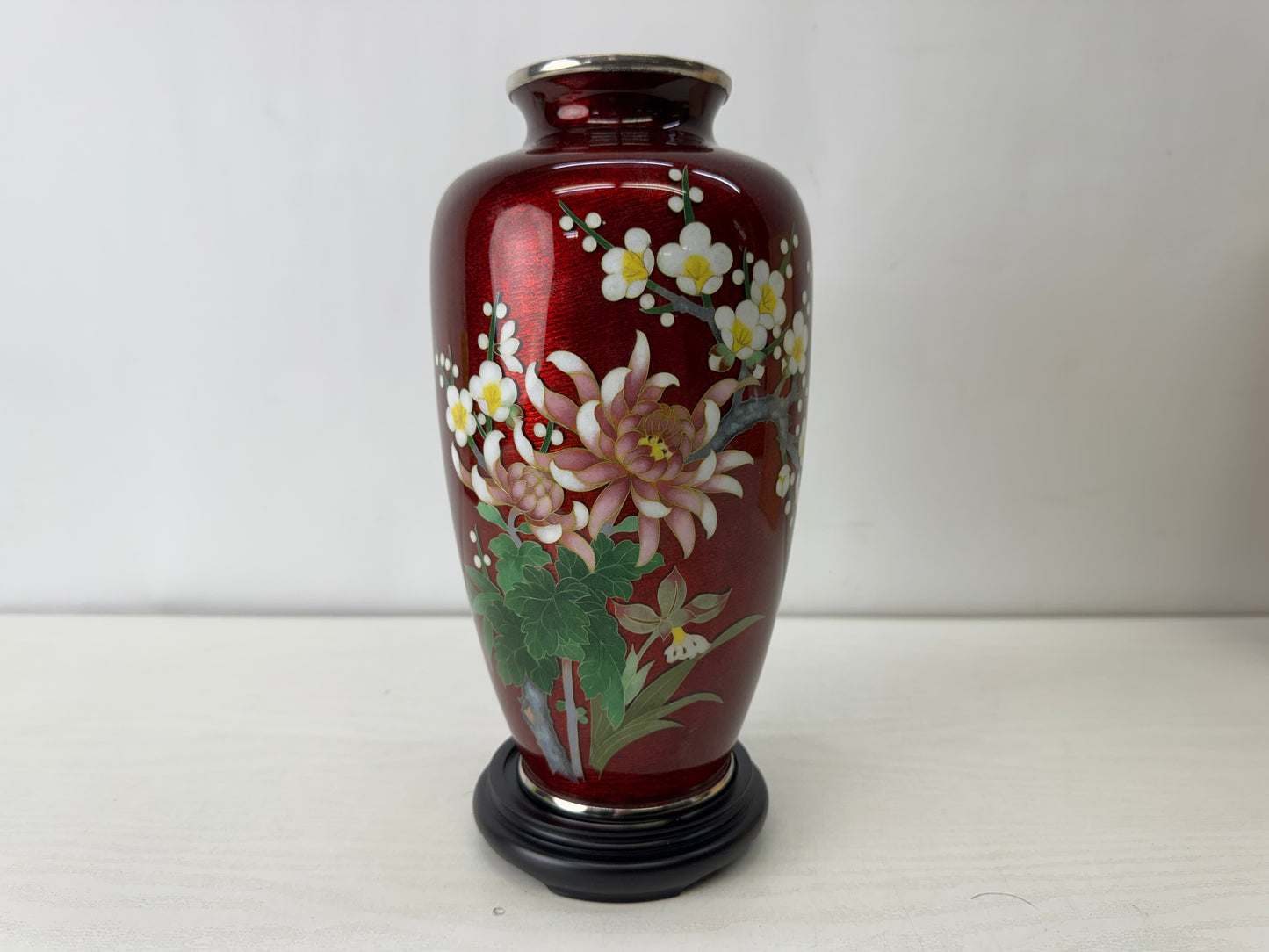 Y10119 FLOWER VASE Cloisonne red signed box Japan antique ikebana floral decor