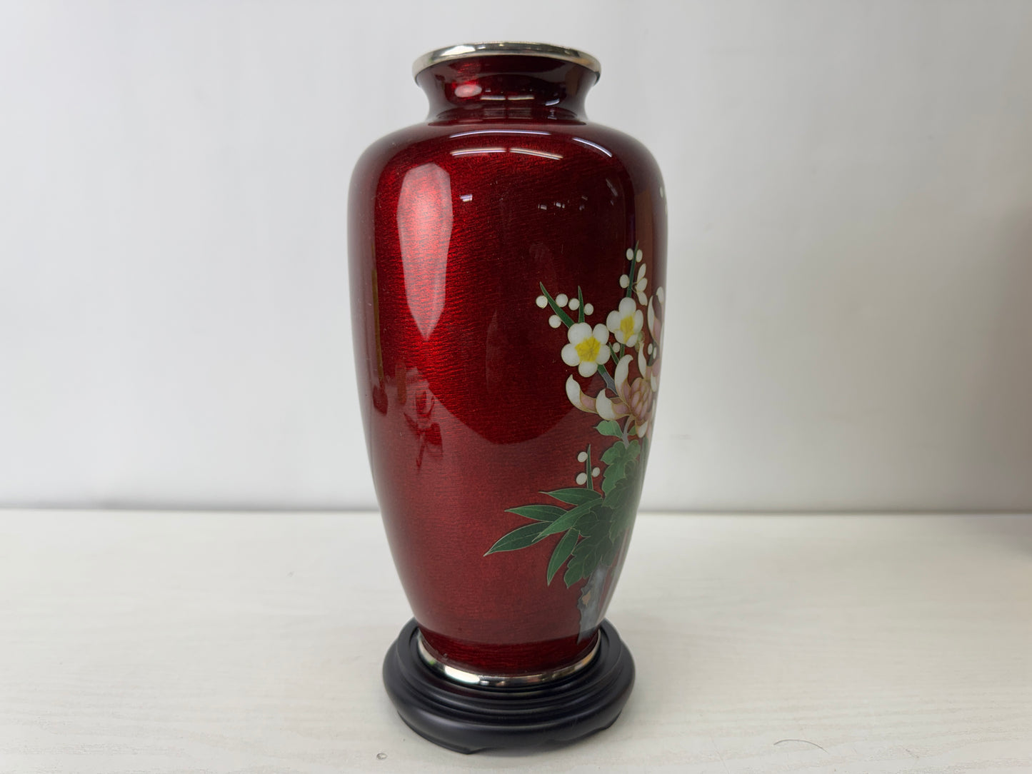Y10119 FLOWER VASE Cloisonne red signed box Japan antique ikebana floral decor