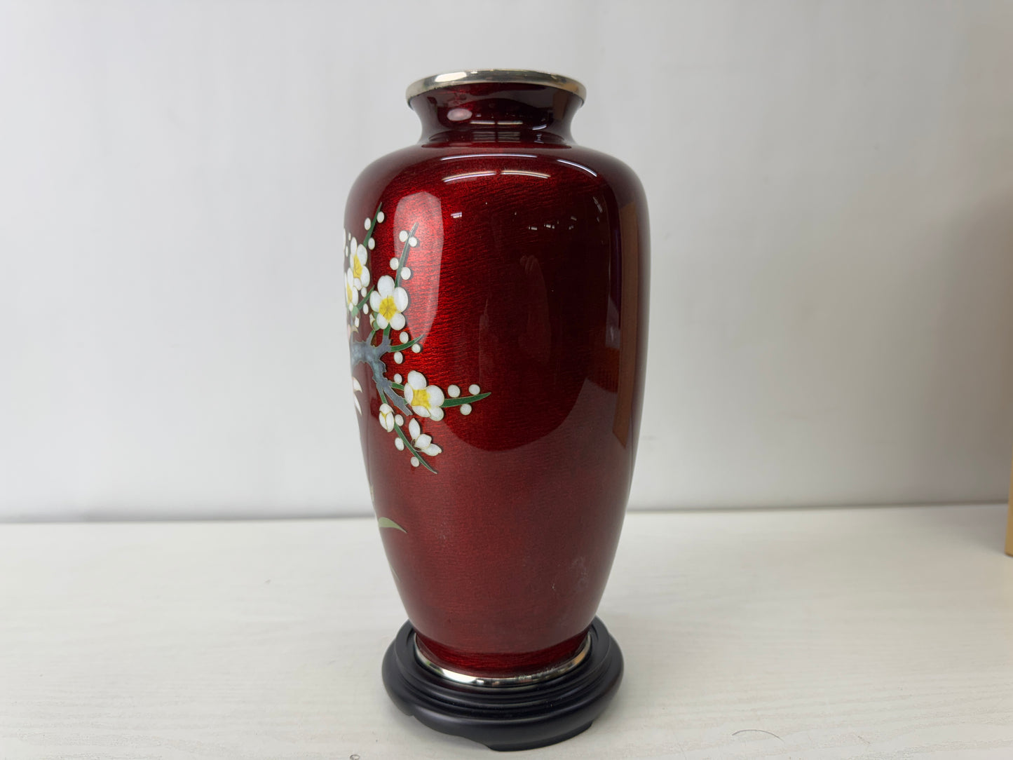 Y10119 FLOWER VASE Cloisonne red signed box Japan antique ikebana floral decor