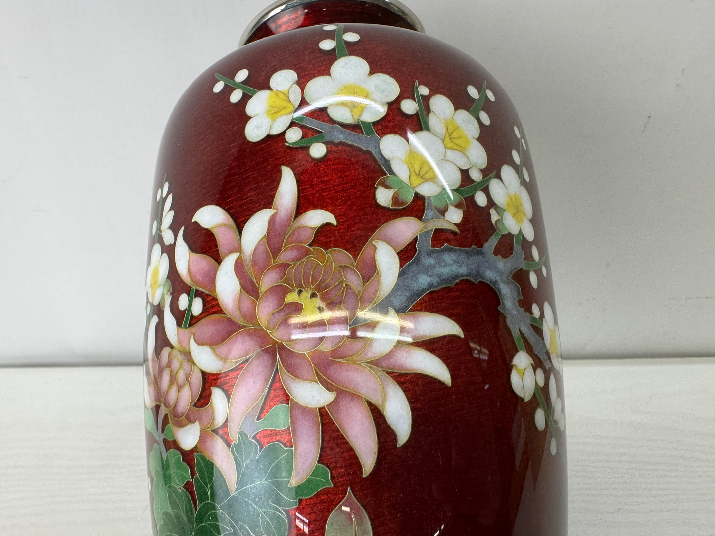 Y10119 FLOWER VASE Cloisonne red signed box Japan antique ikebana floral decor
